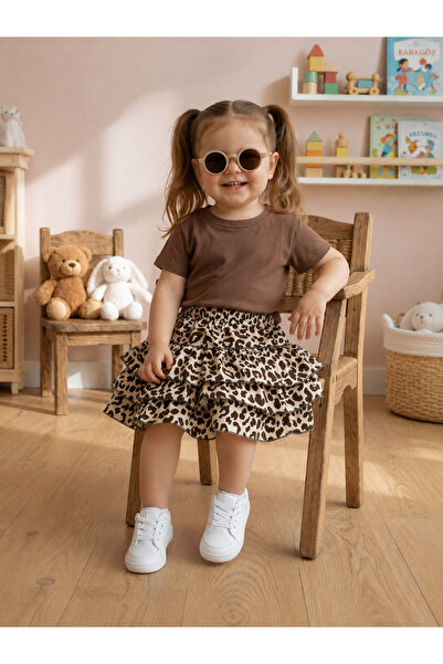 BAHNUR BEBEK KAHVERENGİ CROP LEOAPAR ŞORT VE BANDANA  SETİ TAKIMI