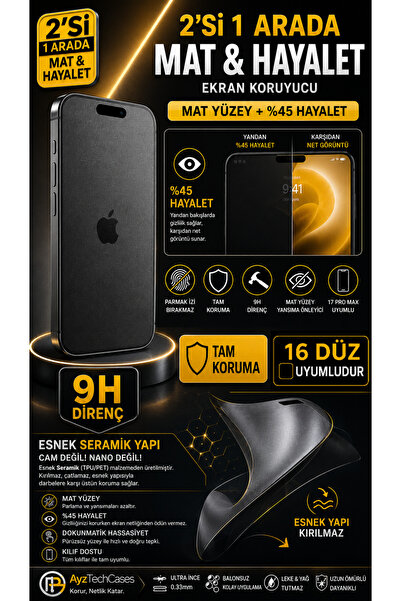 16 DÜZ Uyumlu MAT+HAYALET 2’si 1 Arada Tam Kaplayan ESNEK YAPI Kırılmaz 9H Cam Ekran Koruyucu