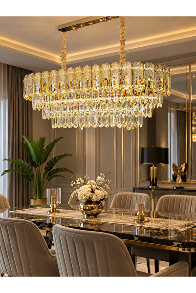 Led OVAL KRİSTAL LÜX SALON AVİZESİ GOLD