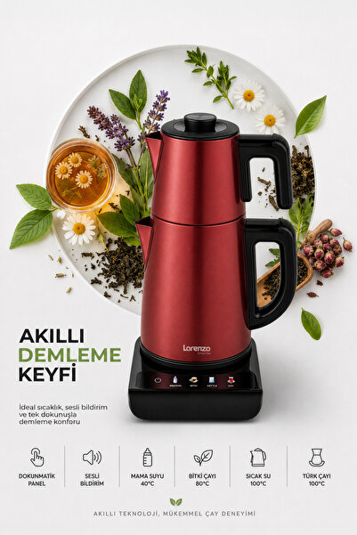 Lorenzo SmartTea 5 in 1 Konuşan Çelik Çay Makinesi Kettle Su Isıtıcısı Kırmızı