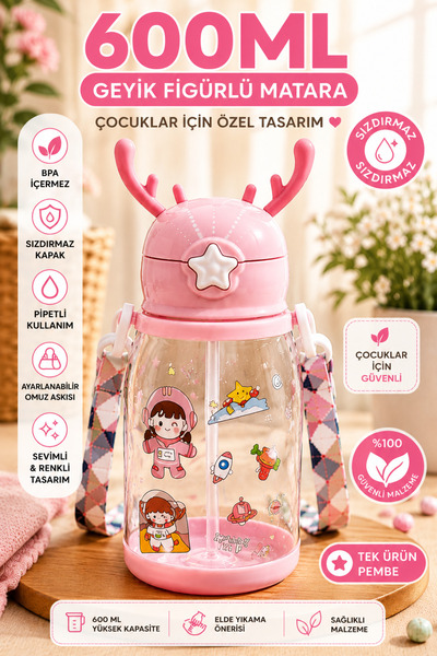 Ercazzo Geyik Kulaklı Çocuk Suluk Matara 600 ML Pipetli Omuz Askılı Sızdırmaz...