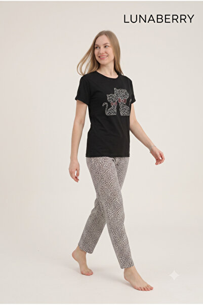 PİJAMORE Leopard Kitten Women's Pajama Set Printed, Short Sleeve, Summer 100%...
