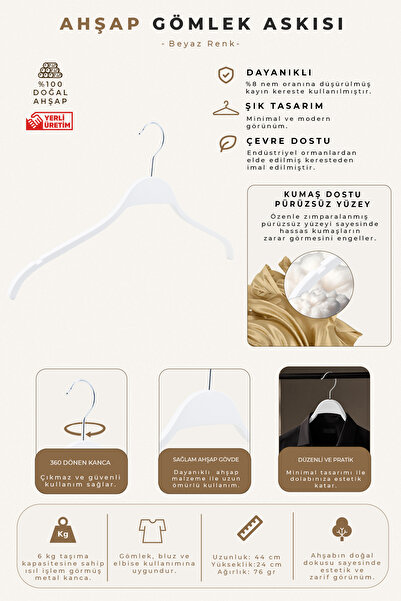 NYN Wooden 8061-Ç Hanger Blouse Shirt Hanger White Color 6 Pieces