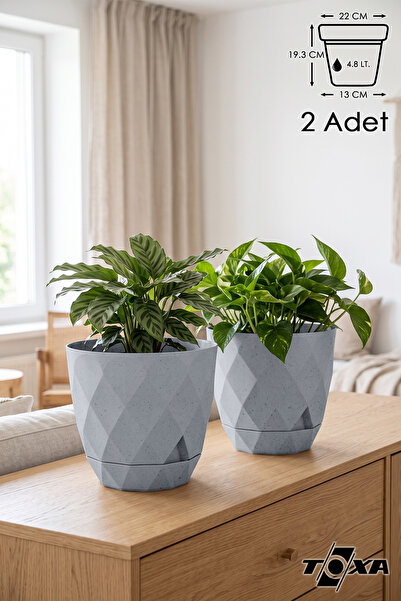 ToXA 2li Prizma Saksı Seti 4,8 Litre Drenajlı Tabaklı 22cm Plastik Çiçek Saks...