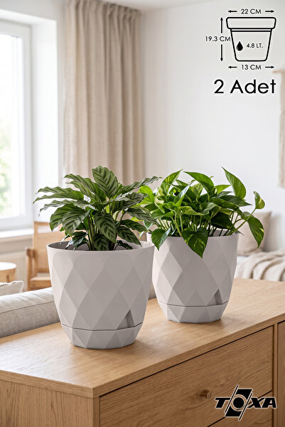 ToXA 2li Prizma Saksı Seti 4,8 Litre Drenajlı Tabaklı 22cm Plastik Çiçek Saks...