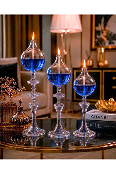 Shabbo Glass Ayaklı Drops Düğmeli Şamdan Cam Kandil 3'lü Set Kandil Yağı Ikili