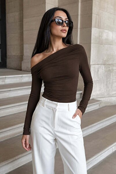 Seeh Brown Boat Neck Gathered Women's Body Sh225