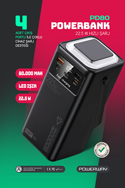 POWERWAY 80.000 mAh PD 22.5W Hızlı Şarj Dahili Kablolu Kamp Taşınabilir Güç K...