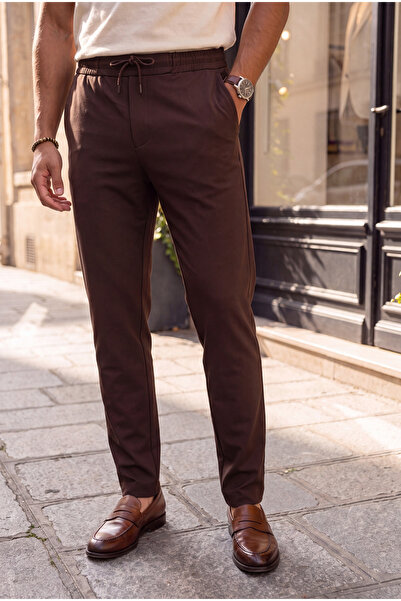 uyguntarz Men's Brown Premium Comfortable Fit Elastic Waist Lace-Up Fabric Tr...