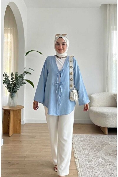 Giyim Gezegeni Blue Tie-Front Seasonal Kimono Kaftan Hijab Tunic Stylish Comf...