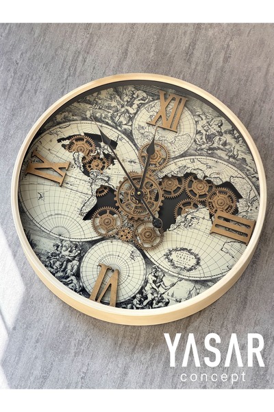 YASAR CONCEPT Longitude Dünya Haritalı Çarklı Duvar Saati 60 Cm