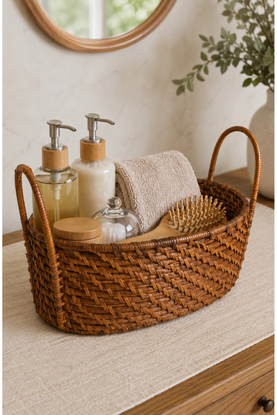 ipekbambuhome El Örgüsü Doğal Rattan Kulplu Oval Ekmek Sepeti ve Sunum Tepsis...