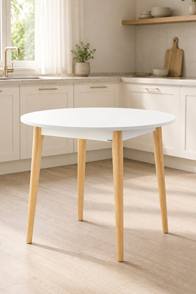 VİLİNZE Avanos Yuvarlak Beyaz Naturel Sabit Mutfak Masası - Q90 Cm