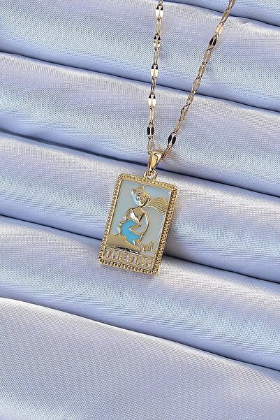 Inure Jewelry 316L Steel Chain Gold Color Blue Enamel Tarot Necklace