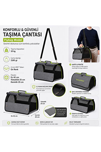 BRAVE PAWS Flybag Plastik Dayanıklı Fileli Kedi Ve Köpek Taşıma Çantası Seyahat Çantası Gri 45*25*26cm