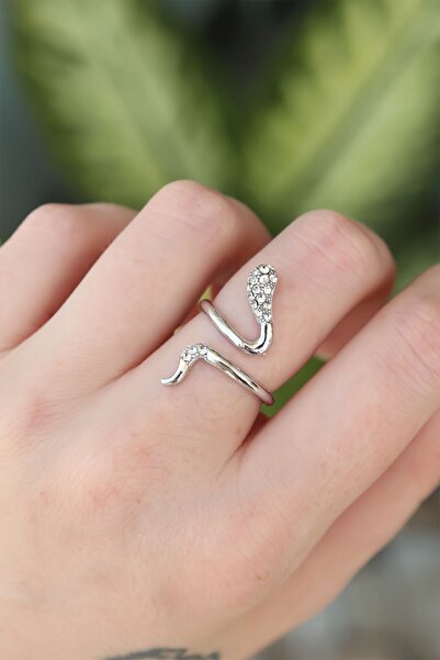 Inure Jewelry خاتم ثعبان من النحاس الفضي اللون قابل للتعديل بحجر الزركون