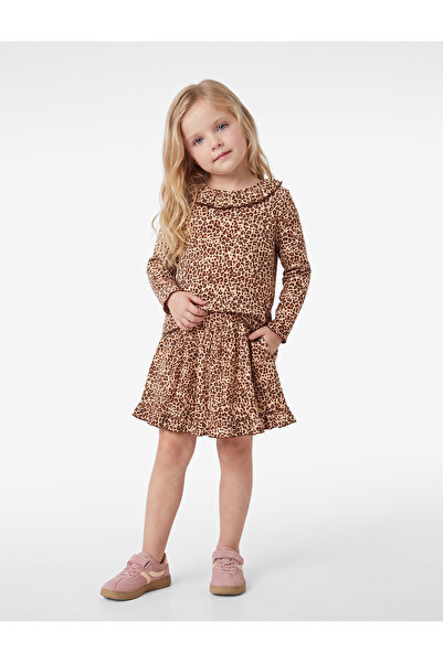 Koton Ruffle Detailed Long Sleeve Crew Neck Leopard Print Dress