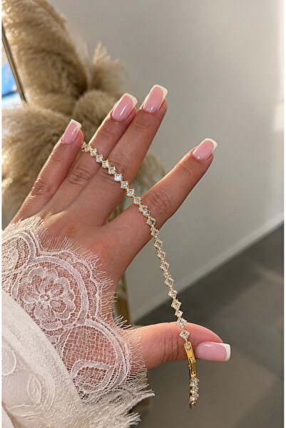 GLARE JEWELRY CO Gümüş Rodyumlu Lüks Pırlanta Montür Gold Kare Taş Detaylı Zi...