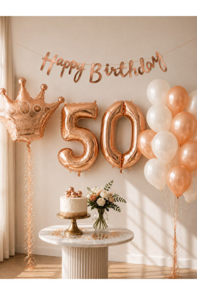 Parti Adresi 50 Yaş Doğum Günü Dekorasyon Seti – Balonlu Parti Seti Rose Gold