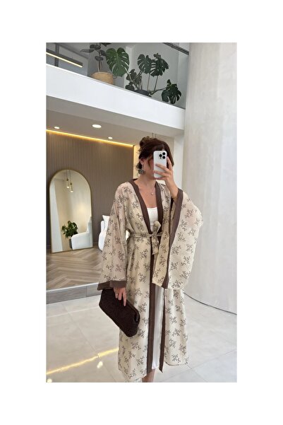 manana fashion Kimono lung cu curea brodată din in