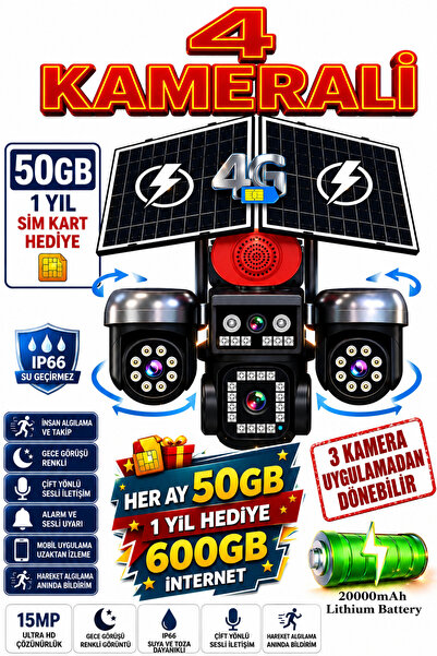 TRCharger 4 Kameralı (3 Motorlu + 1 Sabit)12MP 4G Solar Kamera AOV 7/24 Kayıt...