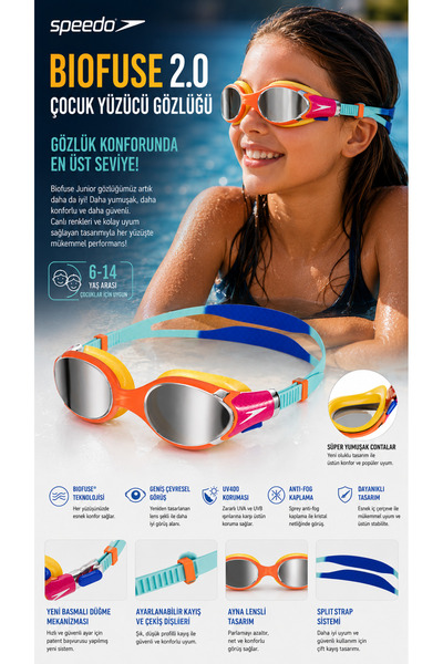 SPEEDO Biofuse 2.0 UV Korumalı Aynalı Çocuk Gözlüğü Deniz Havuz (Renkli)