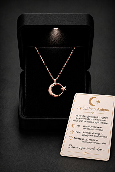 ÇEKİRDEK JEWELRY Işıklı hediye kutulu 925 Ayar Gümüş Ay Yıldız Kolye – Rose K...
