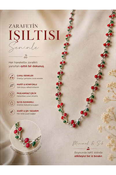 TrendimAksesuar Steel Necklace with Cherry Detail