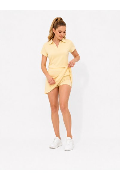 BeyzaBayram Women's Lycra Cupra Pike Modal Shorts Skirt Set Relaxed Cut Double Bottom Top Summer Set
