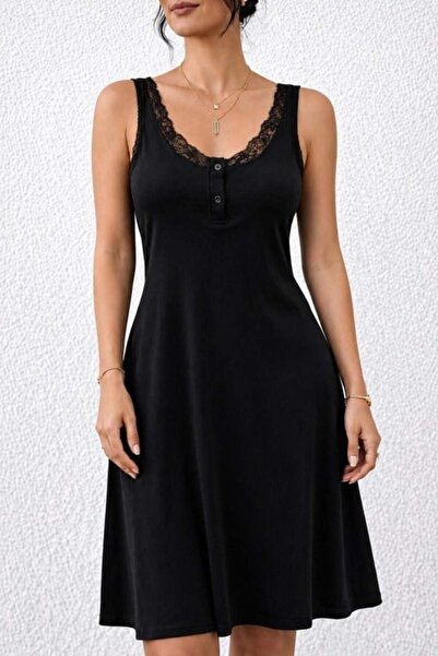 Generic Brand Women's round neck button detailed short viscose dress with straps