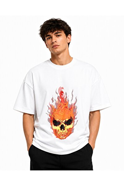 Inscriptie Tricou Unisex Bumbac Premium Casual " Flaming skull "