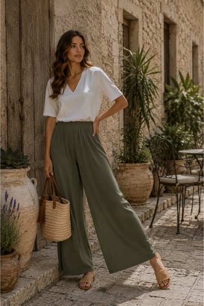 HÇ Hülya Çelik KİDSWEAR 2018 Kadın Geniş Paça Yazlık Beli Lastikli Pantolon Etek