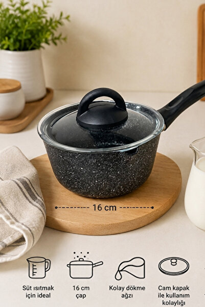ALBETTO 16 cm Kapaklı Granit Görünümlü Sütlük Cezve | Pyrex Cam Kapaklı | Sos...