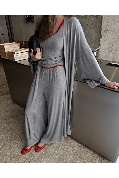 lessandromance Belted Combined Long Kimono Gray Melange