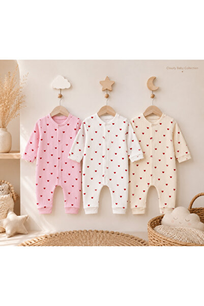 Cloudy 100% Cotton Heart Patterned 3-Piece Baby Romper Set – Newborn & 0-6 Mo...