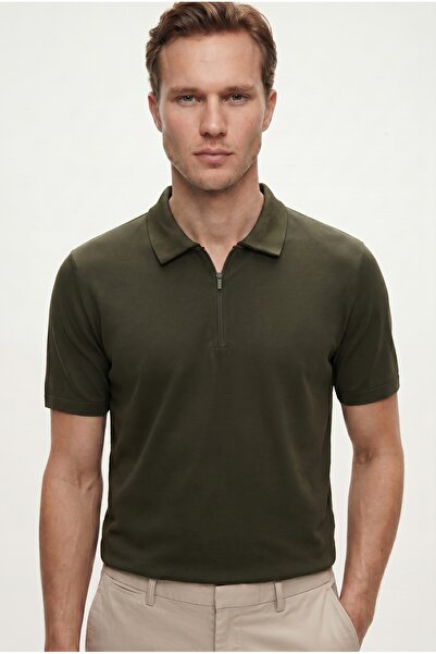 Tween Slim Fit Haki Yarım Fermuarlı Polo Yaka Yazlık T-Shirt