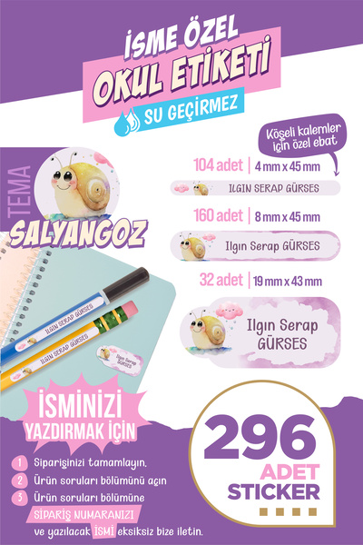 colortouch 296 ADET Salyangoz Temalı Okul Etiketi Sticker Kalem Etiketi Defte...