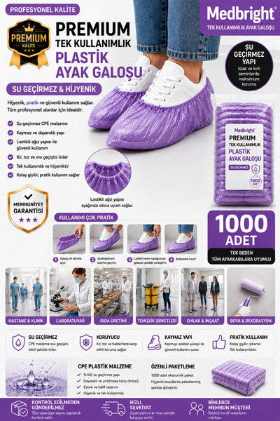 MEDBRIGHT 1000li Mor Galoş Tek Kullanımlık Ayakkabı Kılıf Kaymaz Yağmur Su To...