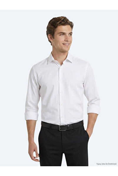 Kip White Plain Regular Fit Long Casual Shirt