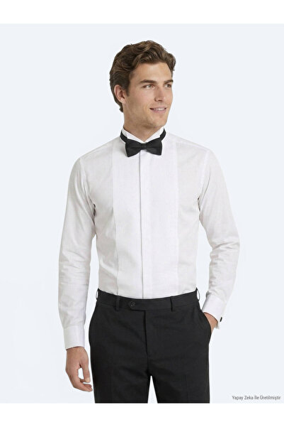 Kip Beyaz Düz Slim Fit Duble Manşet Smokin Gömlek