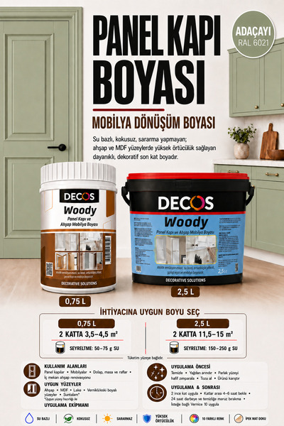 DECOS WOODY - Panel Kapı ve Panel Ahşap Boyası Su Bazlı Kokusuz 8 farklı renk...