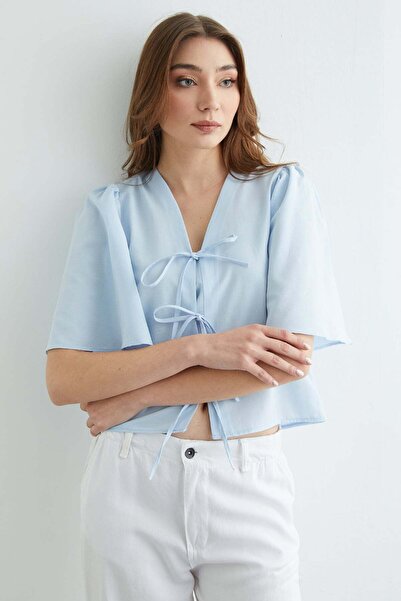 Fulla Moda Front Tie-Detail Wide Sleeve Blouse