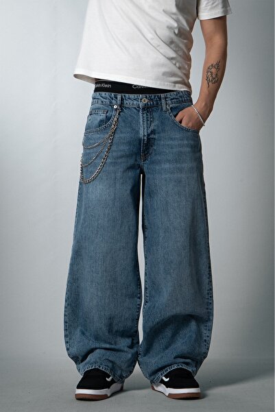GRJ denim بنطلون جينز رجالي واسع الساق فضفاض للغاية بلون أزرق مغسول