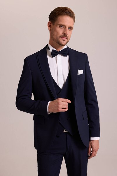 Ysf Erkek Lacivert Slim Fit Likralı Sivri Yaka Yelekli Damatlık