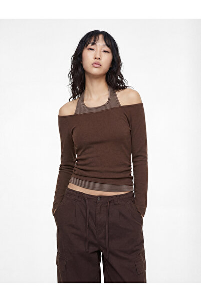 Koton Viscose Blended Slim Fit Long Sleeve Halter Neck T-Shirt