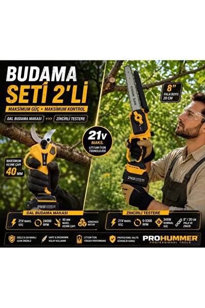PROHUMMER PHM008 Yeni Akülü 2li Bahçe Seti Dal Budama Makası 40mm ve Dal Buda...