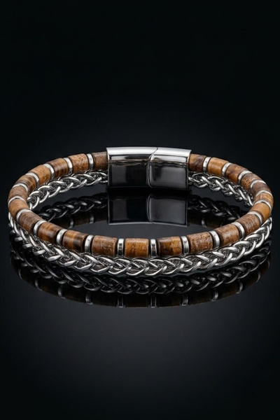 OSMANLI GÜMÜŞ Men's Steel Bracelet with Wood Jasper Natural Stone and Steel M...