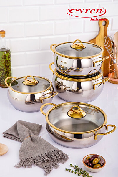 Evren 8 Piece Venus Steel Cookware Set Silver (Compatible for Induction Stove)