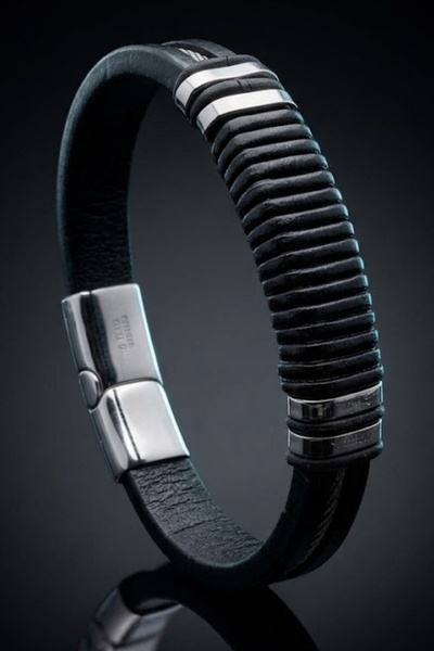OSMANLI GÜMÜŞ Men's Leather Steel Bracelet Black Steel Mesh Leather Magnetic ...