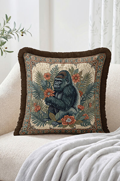 Realhomes Fringed Throw Pillow Cover with Gorilla Figure and Tropical Leaf an...